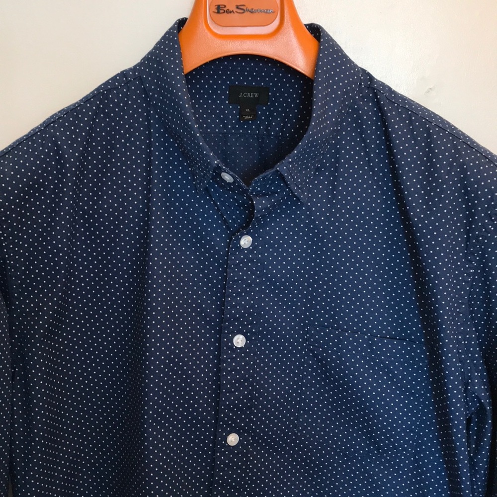 J. Crew Navy + White Polka Dot Slim Fit Shirt XL